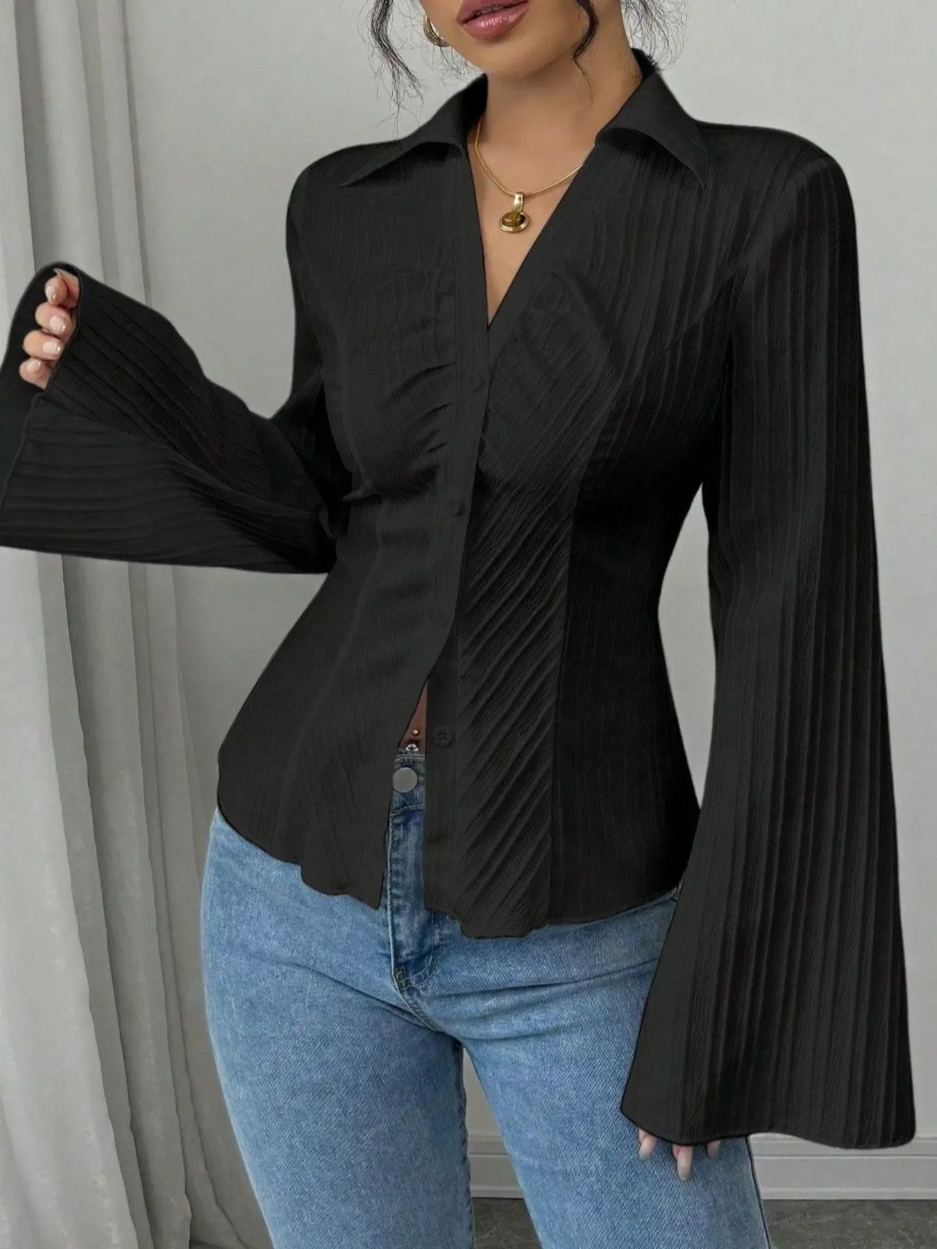Flare Sleeve Button Up Shirt