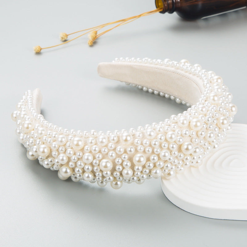 Hair Hoop Baroque Sponge Pearl Hair Accessories Women's Handmade Beaded Multicolor European and American Broad-brimmed Headband