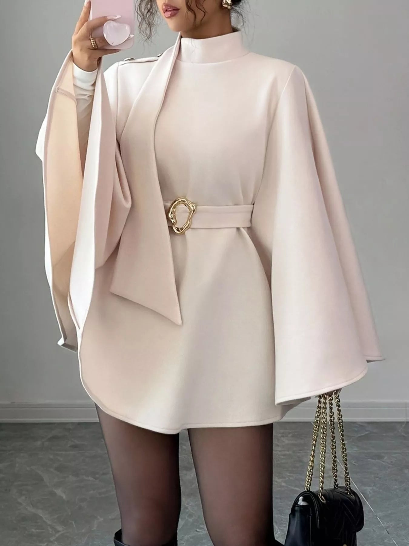 Mock Neck Batwing Sleeve Cape Outerwear