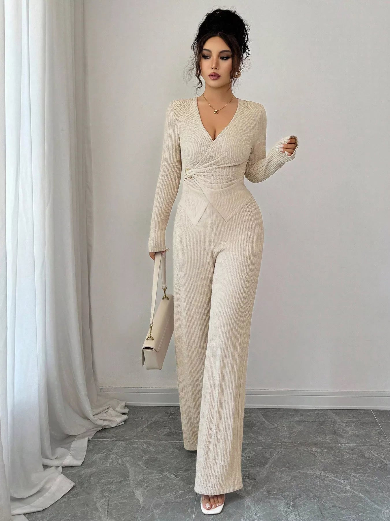 Metal Buckle Long Sleeve Top and Pants Set