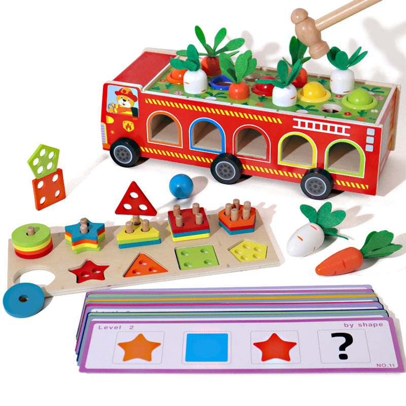 Children's early education puzzle multifunctional four in one knock ball, pull radish, cover column, fire truck, Montessori toy