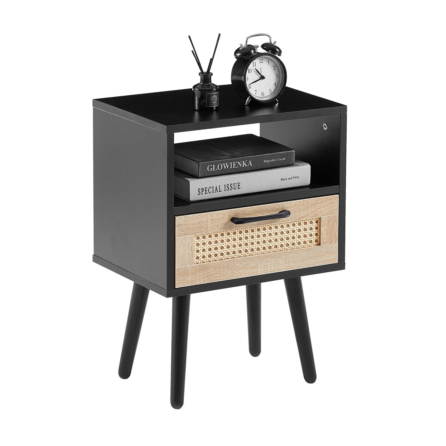 15.75" Rattan End table with drawer and solid wood legs Modern nightstand side table for living room black