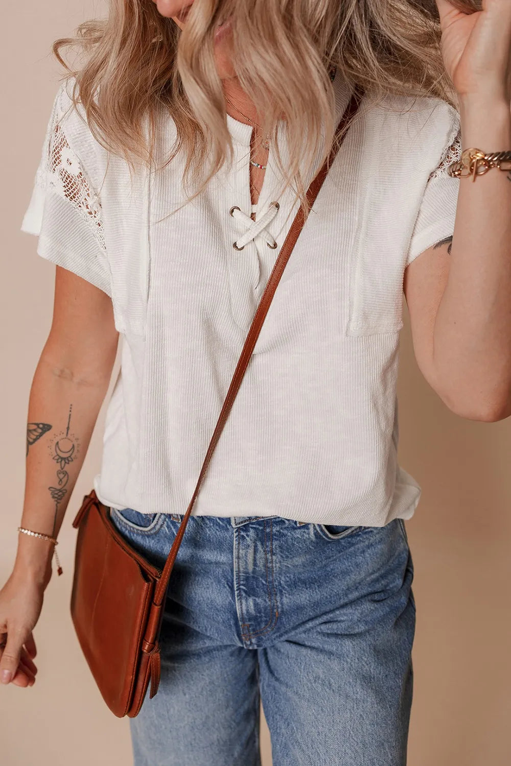 Ribbed Texture Lace Patchwork Short Sleeve Top