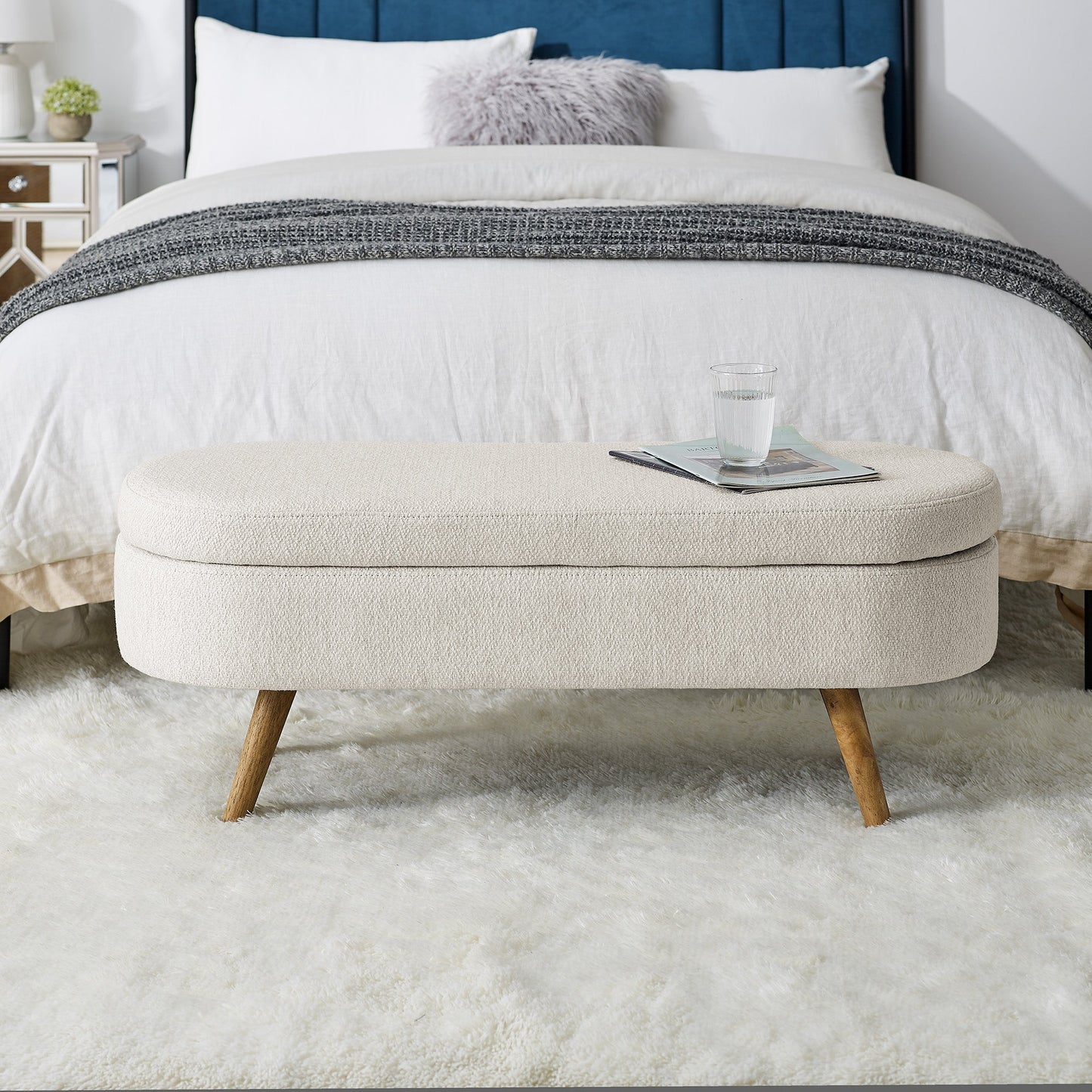 Ottoman Oval Storage Bench Rubber Wood Legs Beige(43.5"x16"x16")
