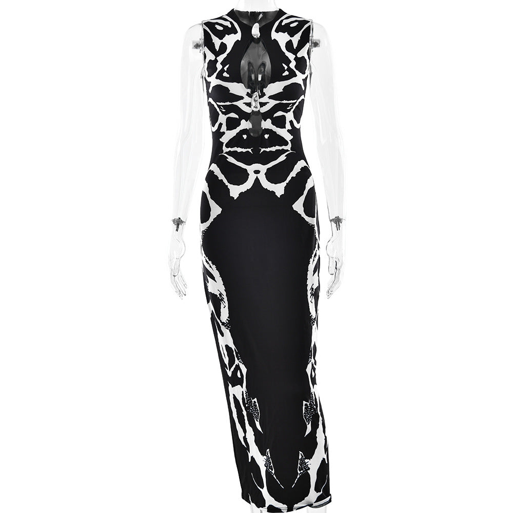 Summer Printed Leopard Pattern Hollow-out Sleeveless Waist-cinched Sexy Dress