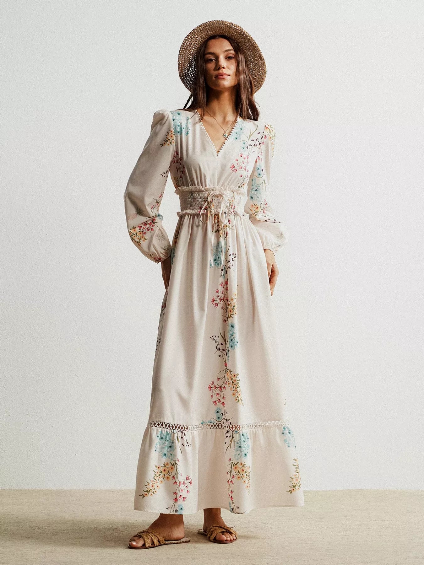 Floral Print Long Sleeve Maxi Dress with Smocked Waist