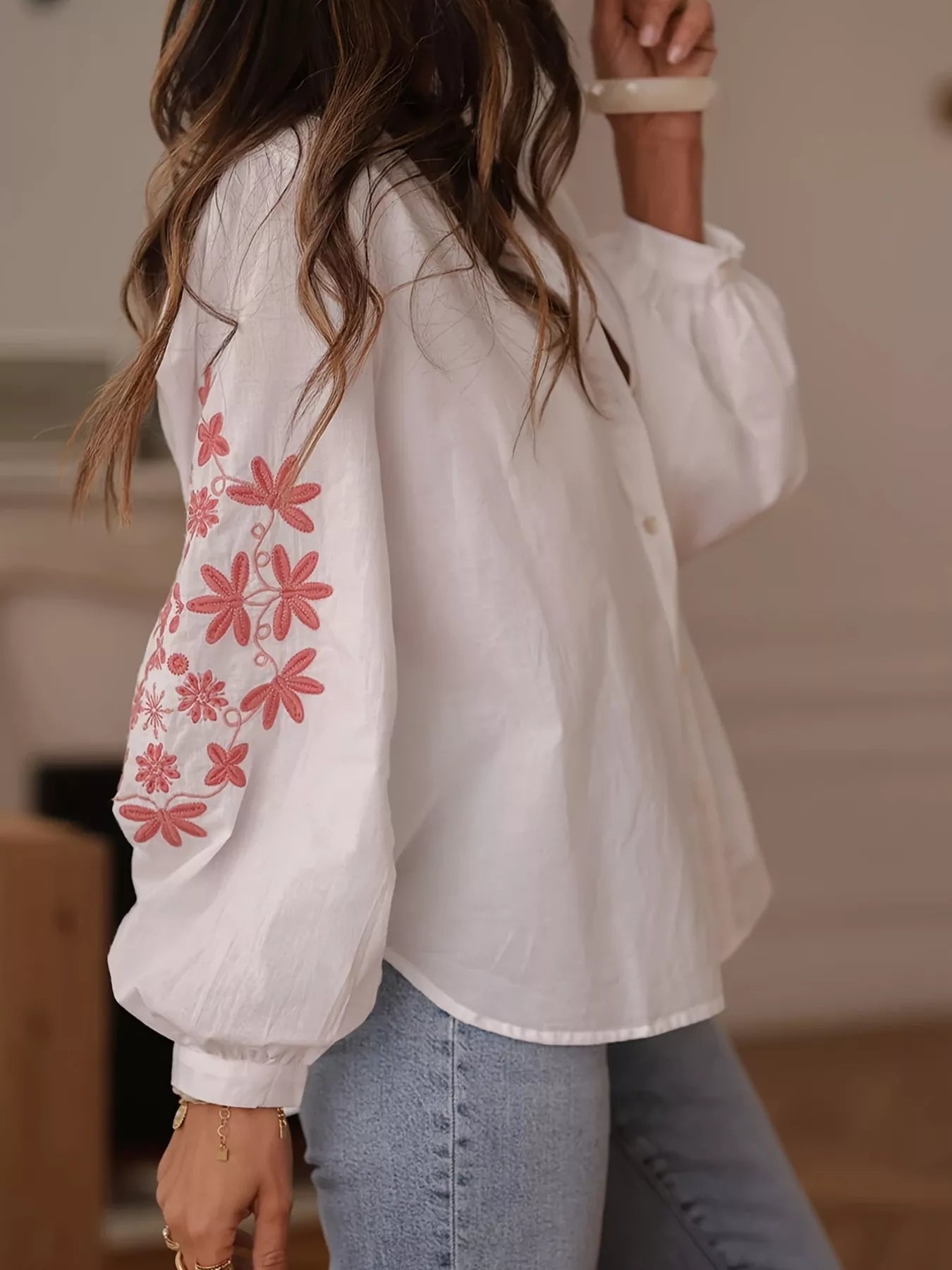 Embroidered Button Up Long Sleeve Shirt