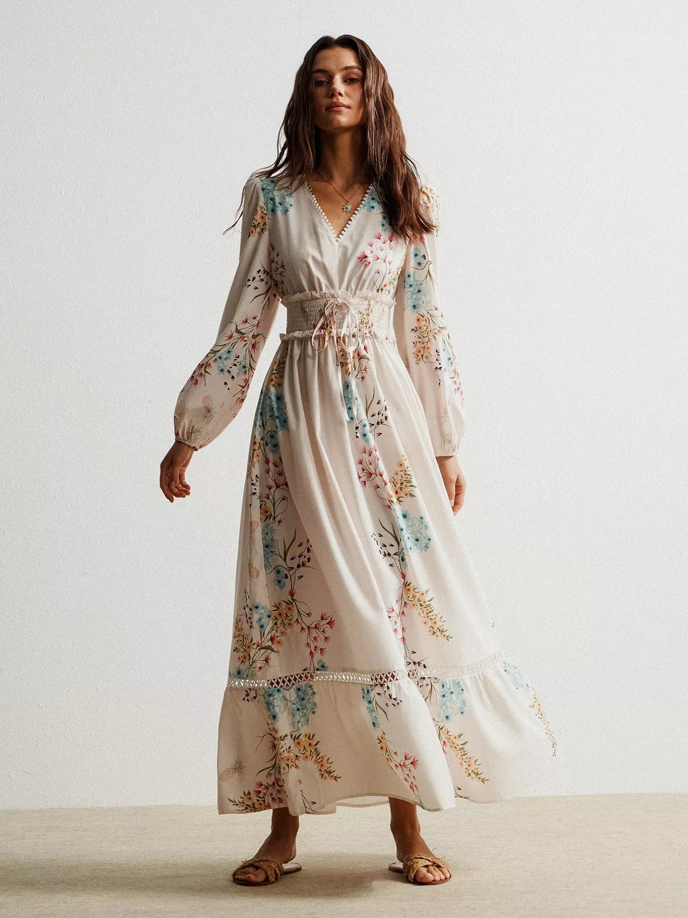 Floral Print Long Sleeve Maxi Dress with Smocked Waist