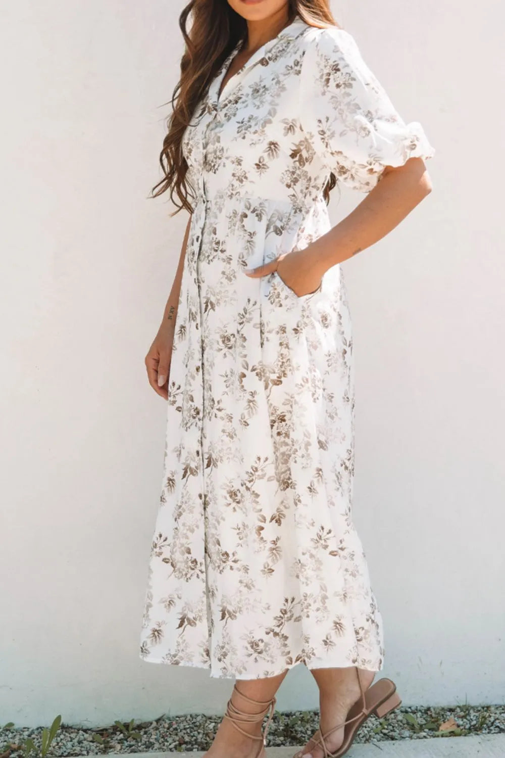 Printed Button Front Puff Sleeve Dress
