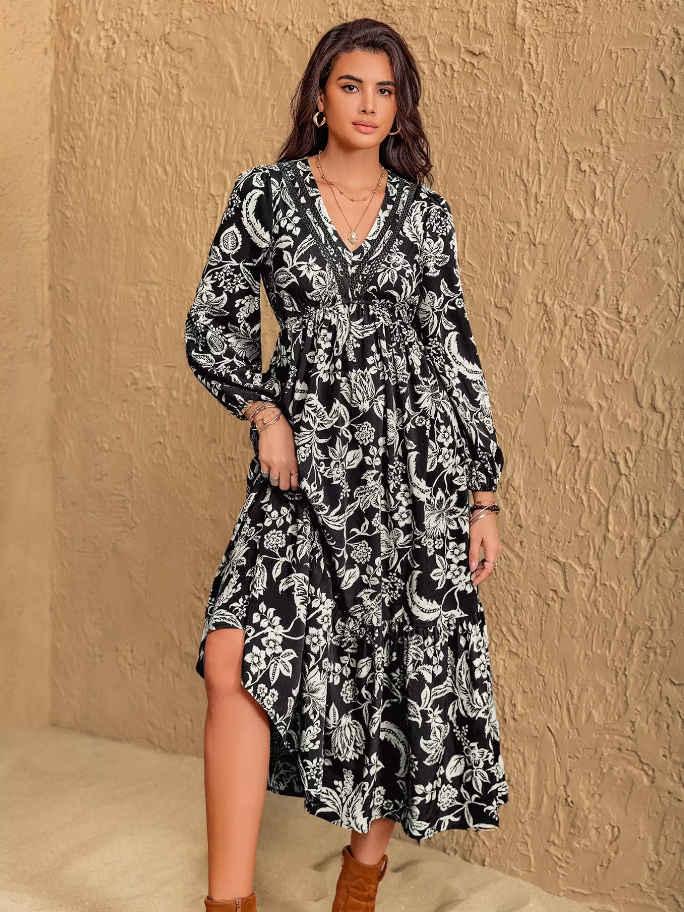 Floral Print V-Neck Long Sleeve Ruffle Hem Midi Dress