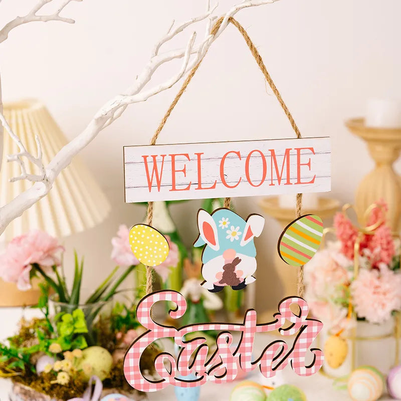 Easter decoration supplies Easter grid letter wooden pendant cartoon Easter egg rabbit pendant