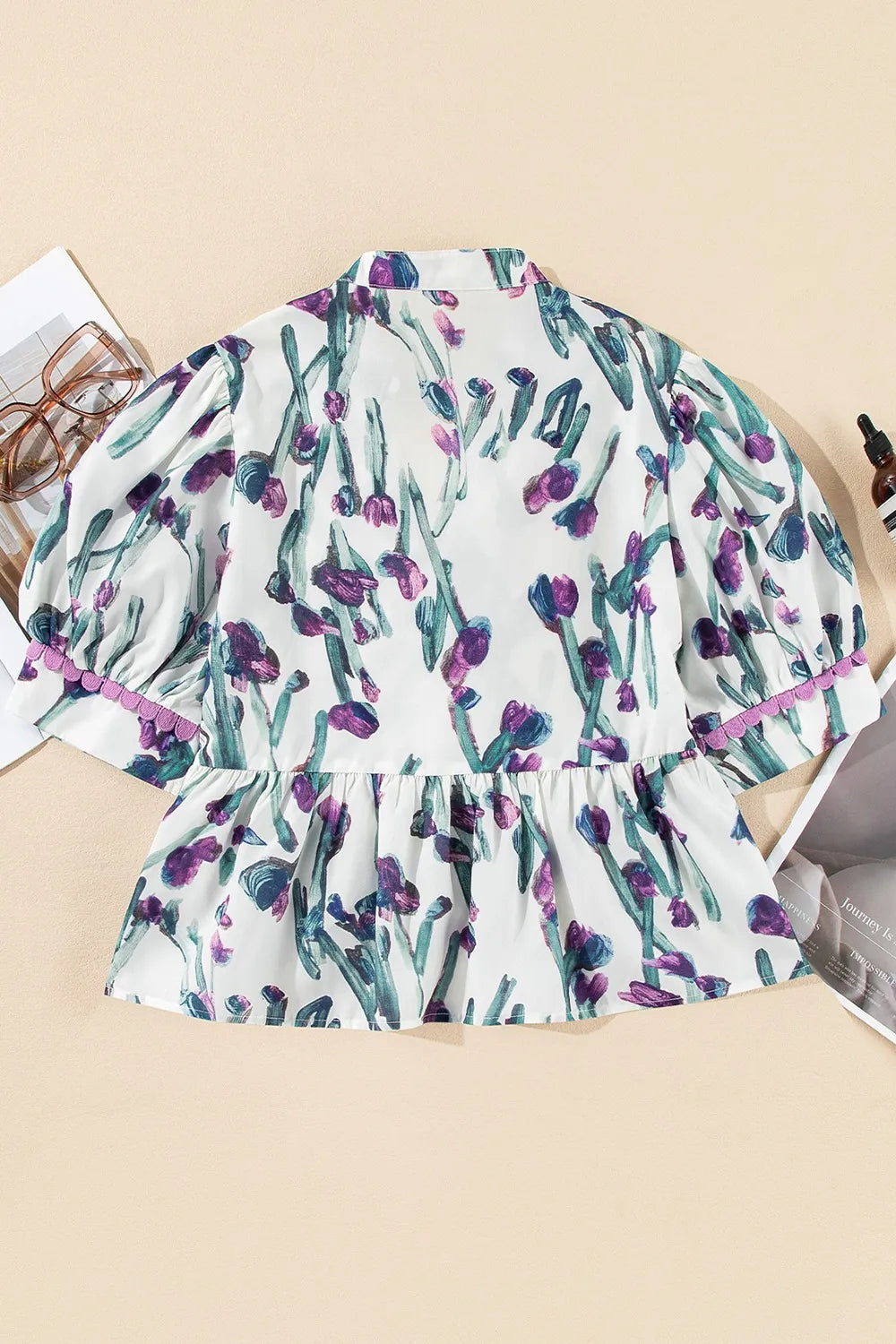 Floral Ricrac Trim Half Sleeve Peplum Top