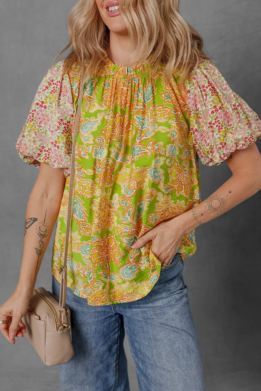 Multicolour Printed Contrast Bubble Sleeve Patchwork Blouse