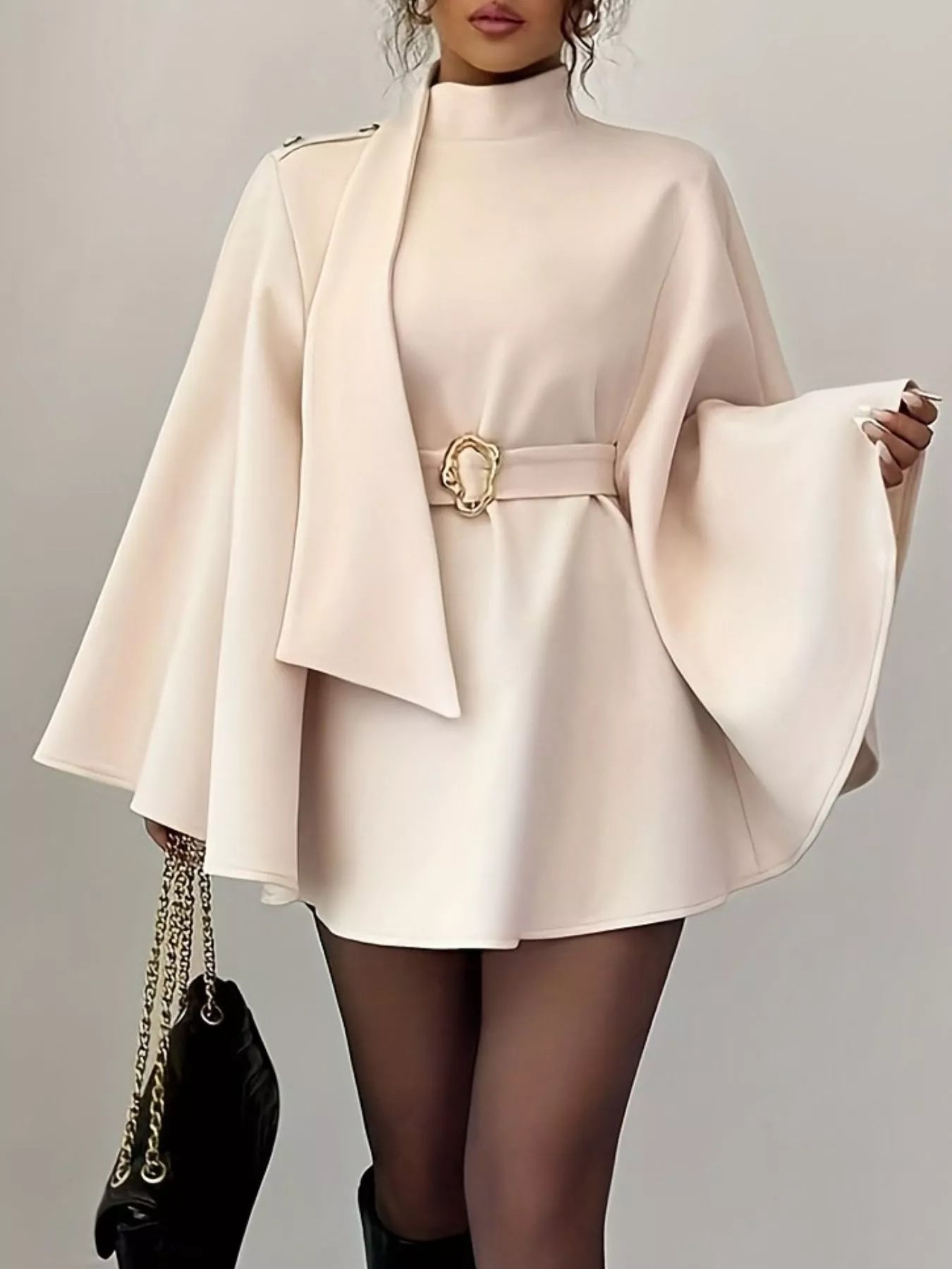 Mock Neck Batwing Sleeve Cape Outerwear