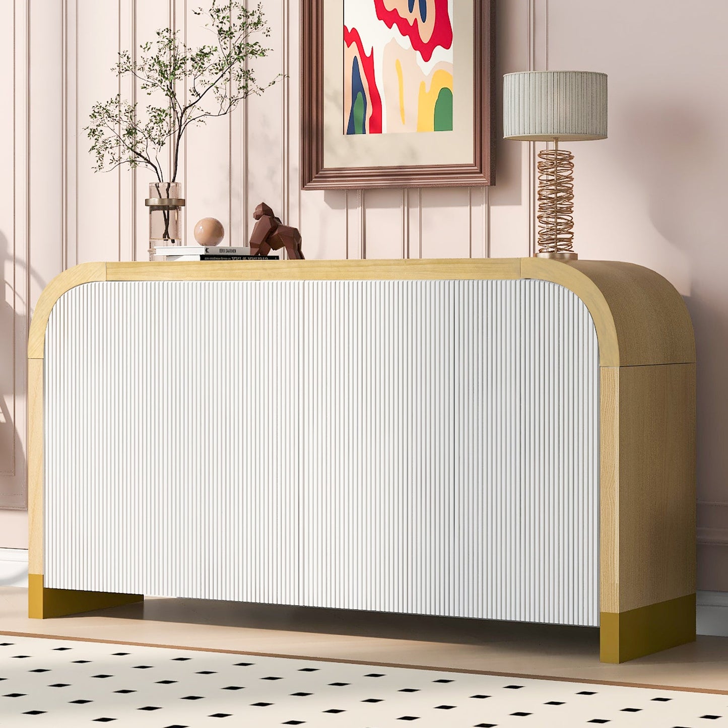 U-STYLE four door curved corner design wavy door panel cabinet with adjustable shelves