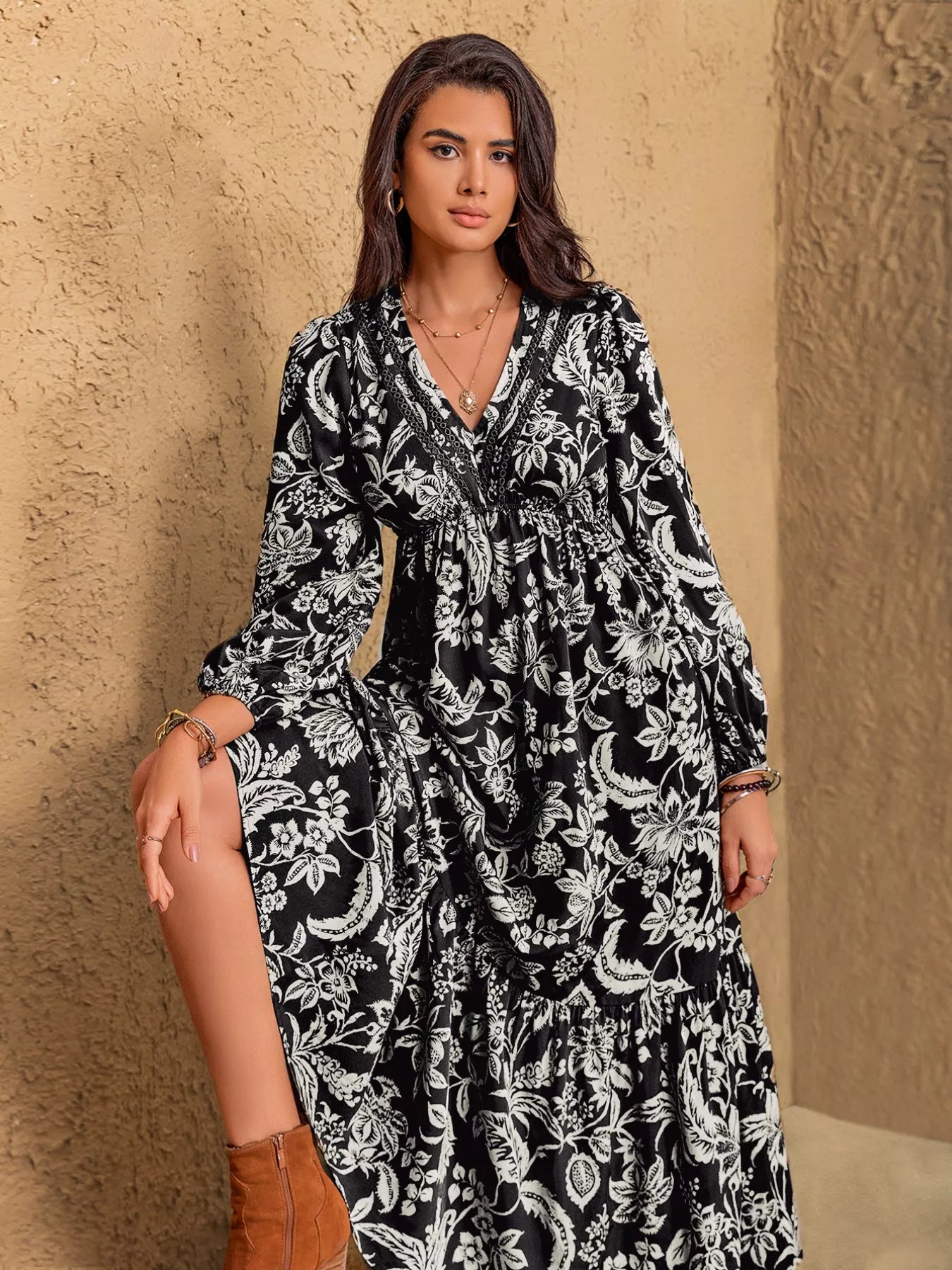 Floral Print V-Neck Long Sleeve Ruffle Hem Midi Dress