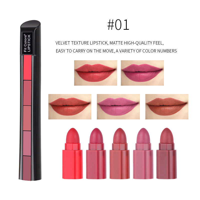 Fit Colors Matte 5-Color Lipstick Combination 5 Matte Velvet Color Non-Stick Cup Lip Gloss Lipstick