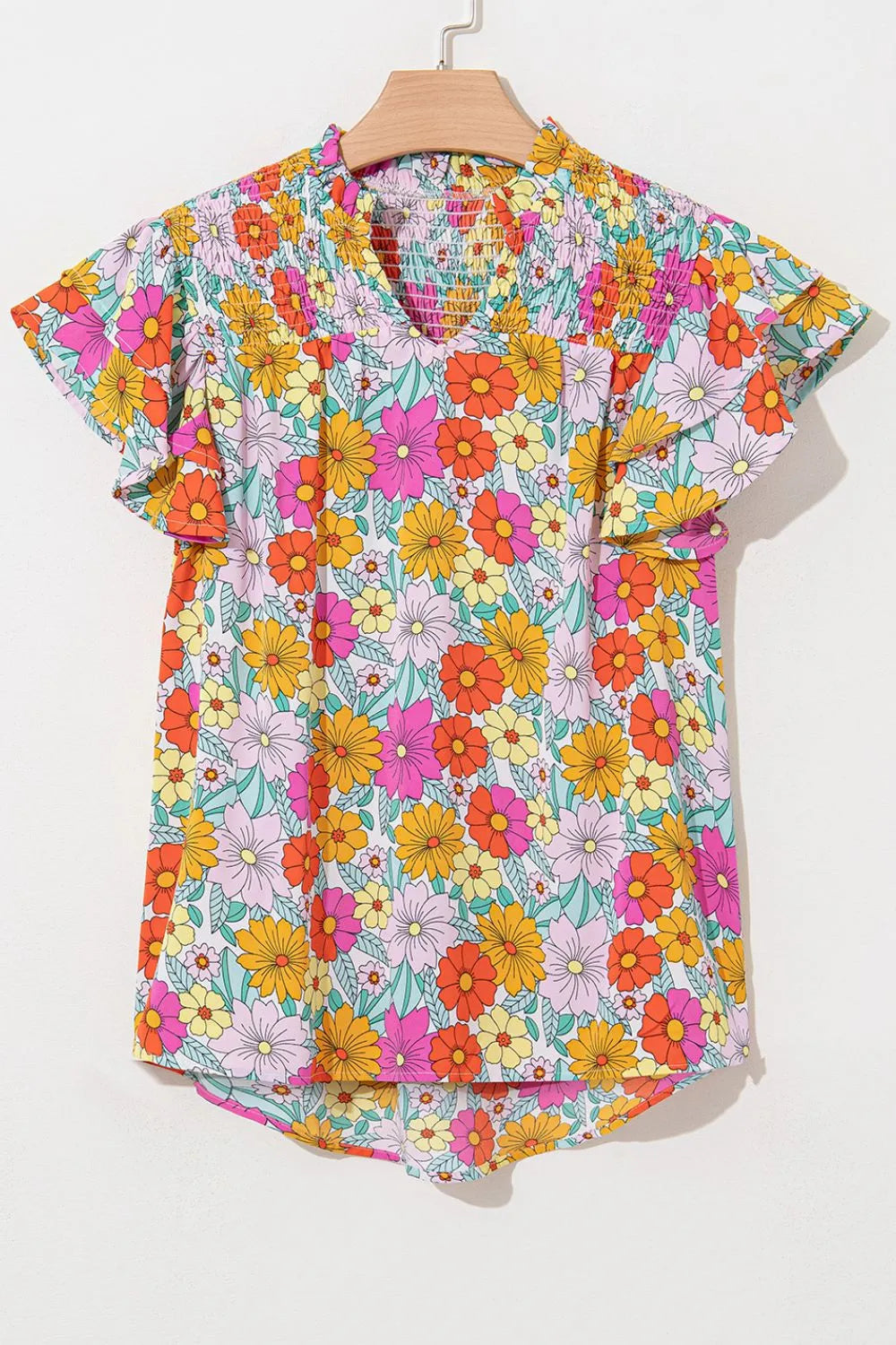 Floral Print Shirred Tiered Ruffled Sleeve Blouse
