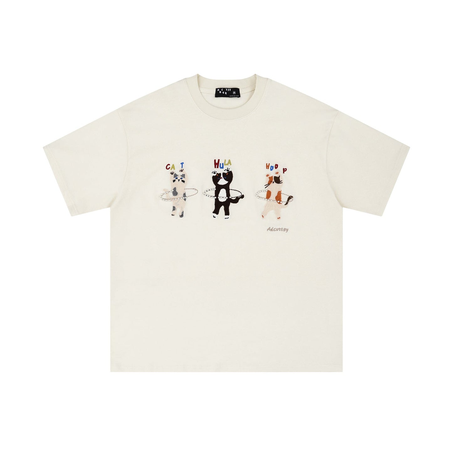 Playful Rhinestone Hula Hoop Cat Embroidery T-Shirt