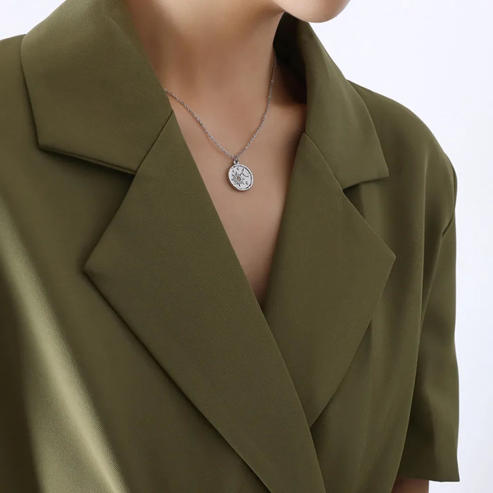 Zircon Star Moon Romantic Necklace Titanium Steel Gold Plated Round Pendant Neck Chain