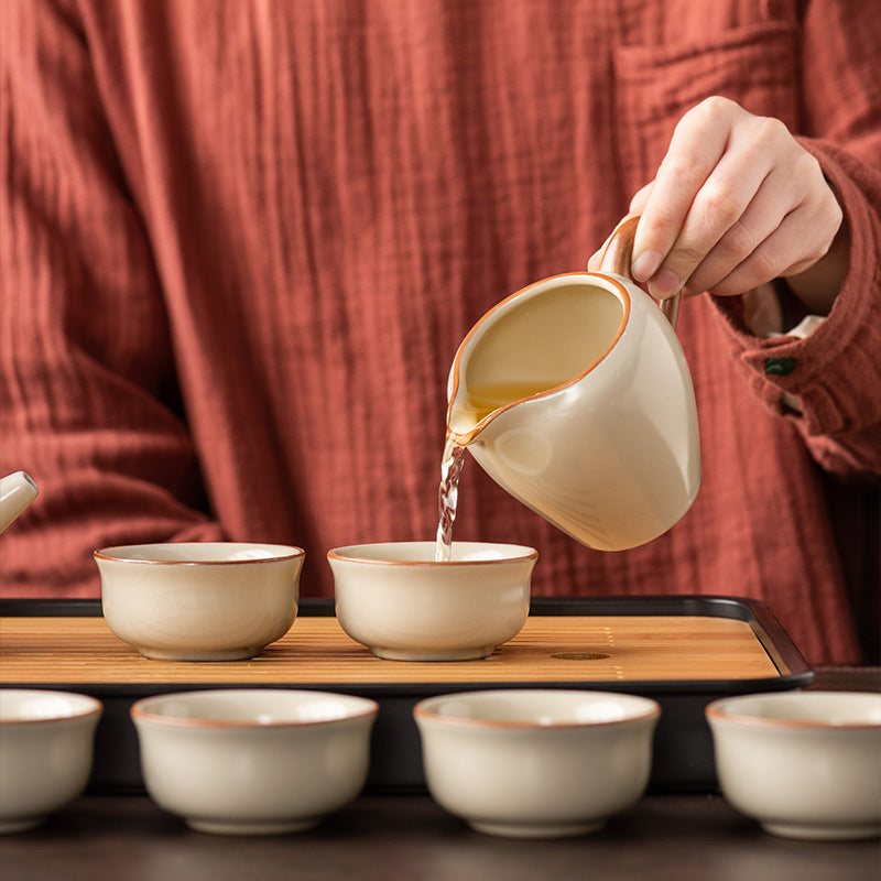 Ru Kiln Chinese Kung Fu Tea Set Household Ceramic Xishi Pot Hovering Cover Bowl Tea Cup Set
