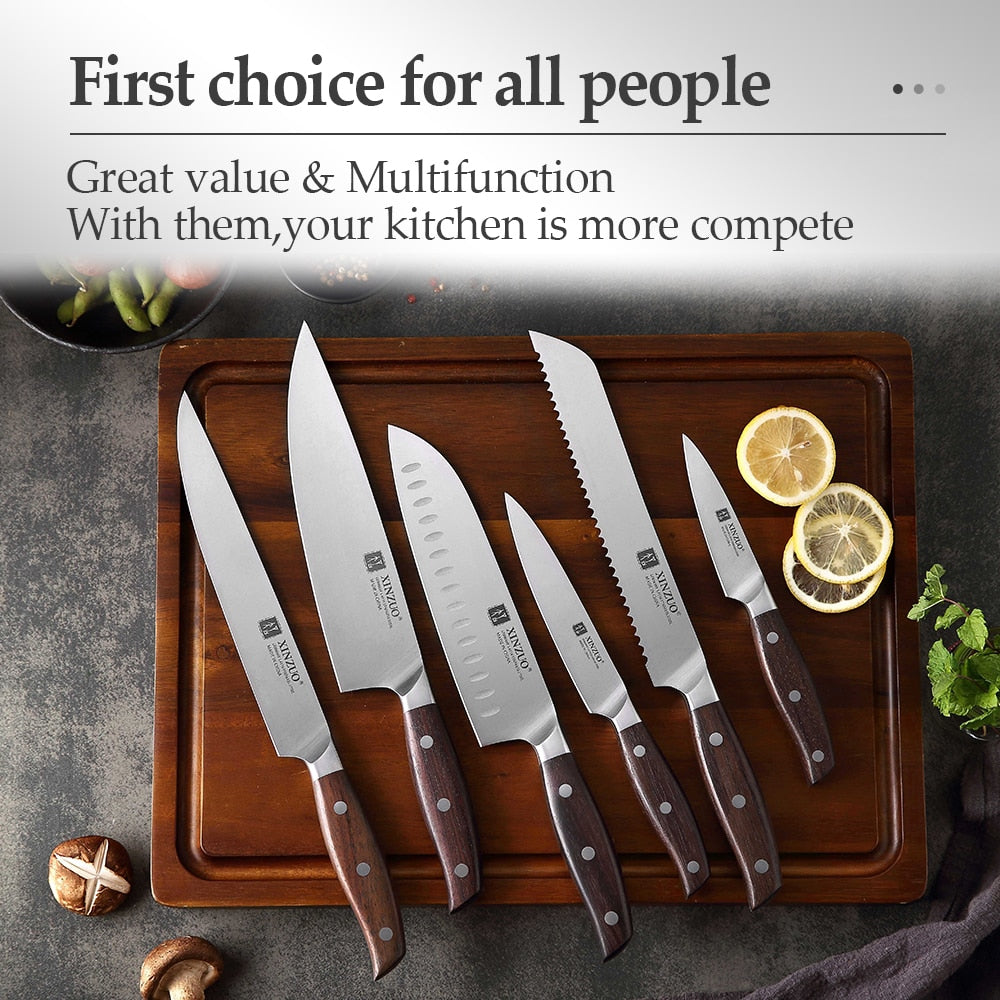 XINZUO Kitchen Tools 6 PCS Kitchen Knife Set of Utility Cleaver Chef Bread Knife High Carbon German Stainless Steel Knives sets