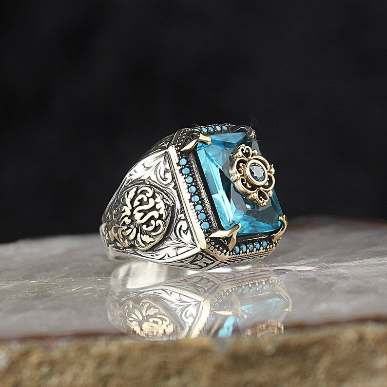 Vintage Tribal Texture Aquamarine Zircon Ring
