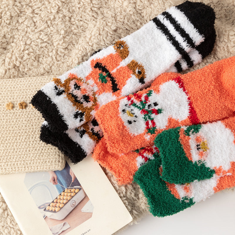 Christmas orange socks for children, winter thick INS trendy warm home socks, coral fleece flooring