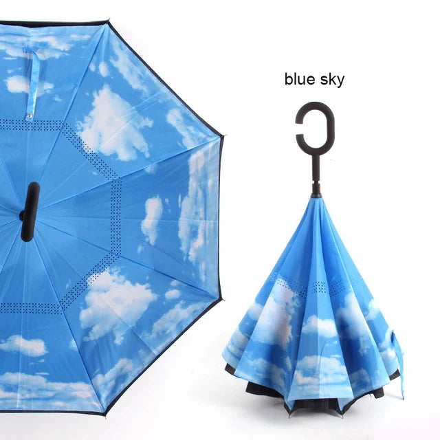 C Handle Windproof Reverse Folding Umbrella Man Women Sun Rain Car Inverted Umbrellas
