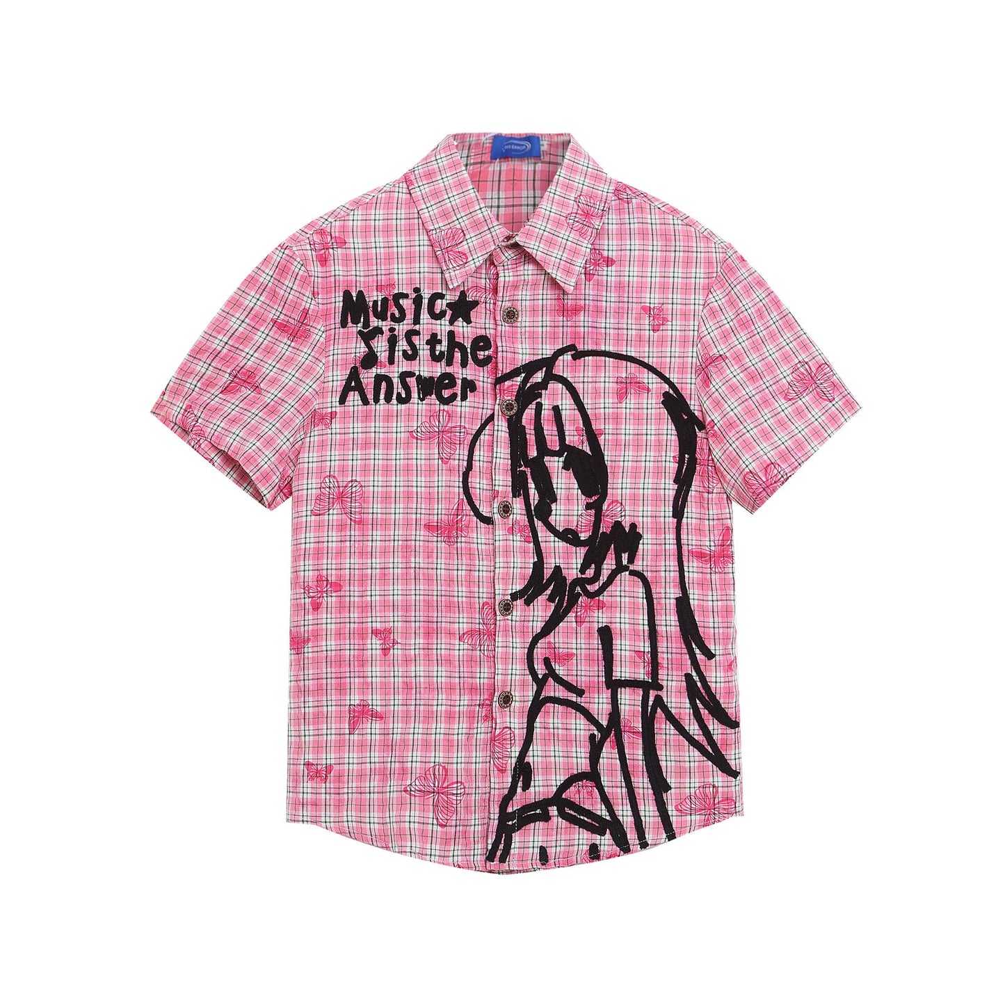 Playful Embroidered Checkered Short Sleeve Shirt for Women