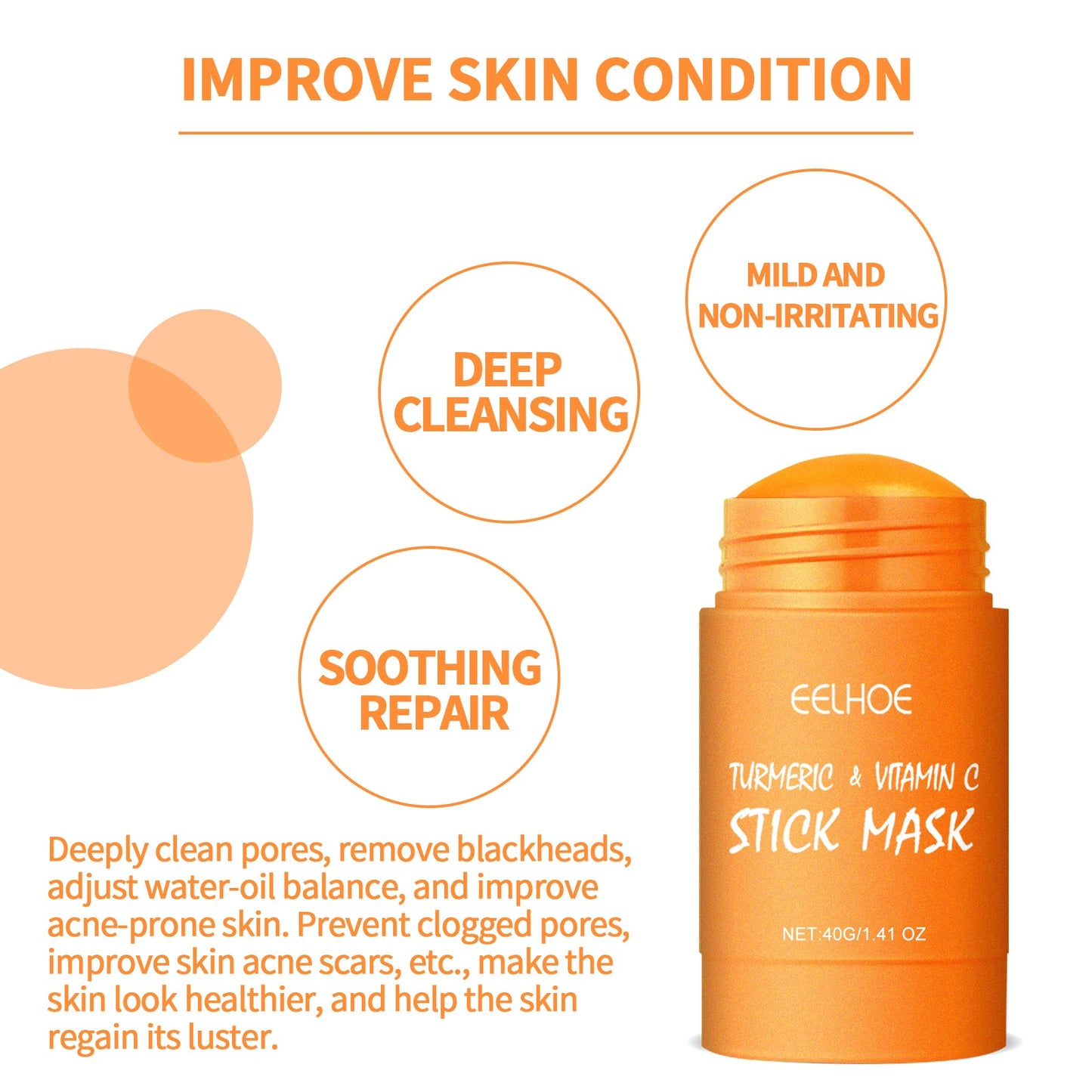 Ginger Yellow Mud Facial Mask Stick, Acne Removing Pore Shrinking Cleaning Solid Facial Mask