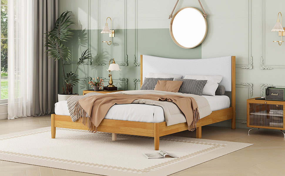 Queen Size Rubber Wooden , Solid Wooden Bed with Teddy Velvet Cushion Upholstered Headboard, Enhanced by Support Feet