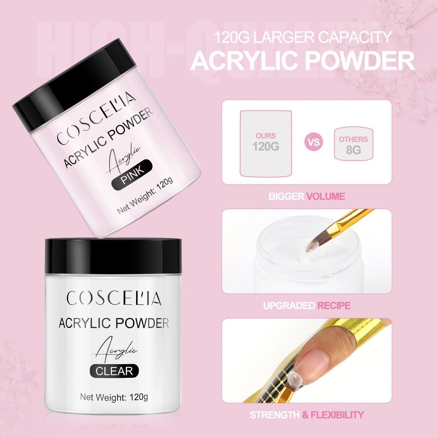 COSCELIA New 120g White Powder Transparent Crystal Powder 150ML Crystal Liquid Nail Shop Nail Tool Set