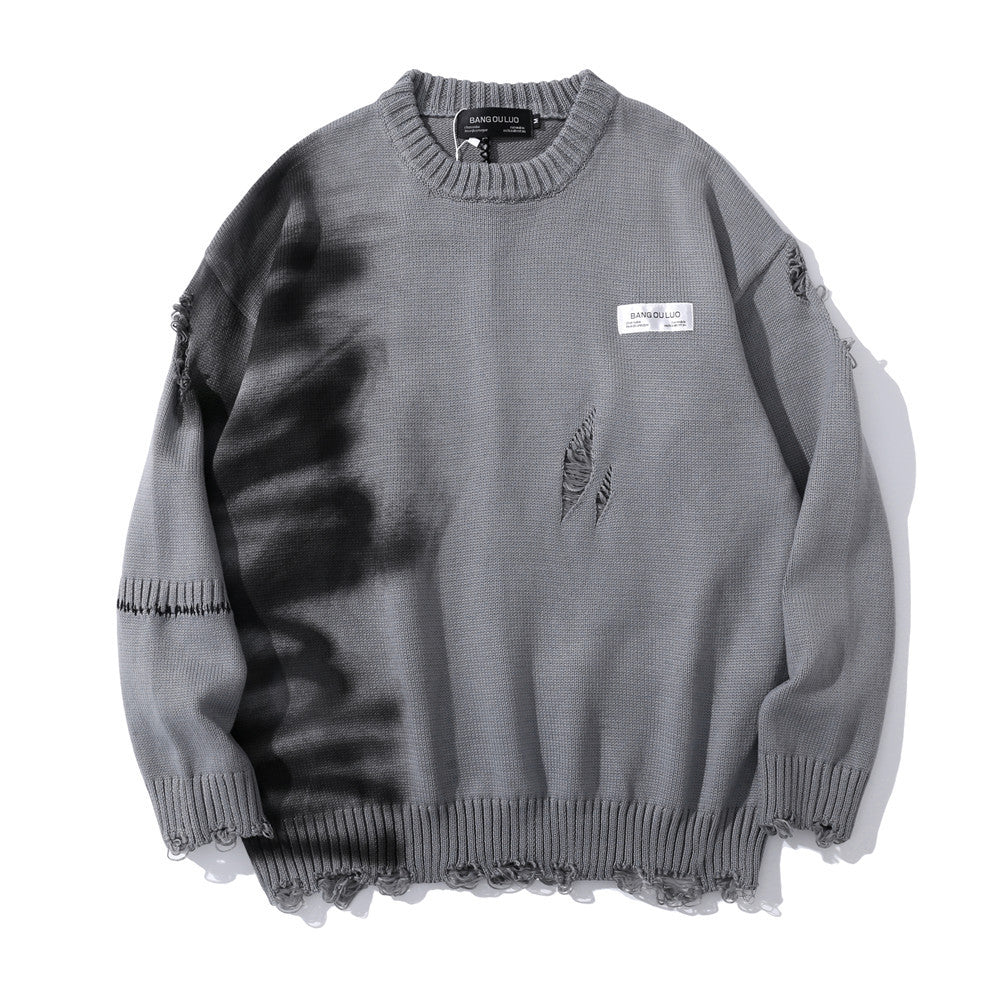 Graffiti Print Crew Neck Knit Sweater Men's Loose Fit Pullover with Hem Holes Street Style Trendy Design