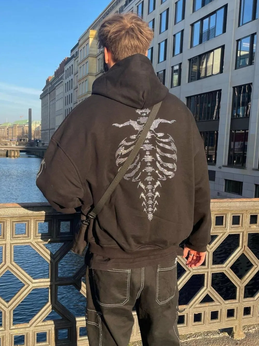 Men's Rhinestone Letter Zip Up Long Sleeve Hoodie