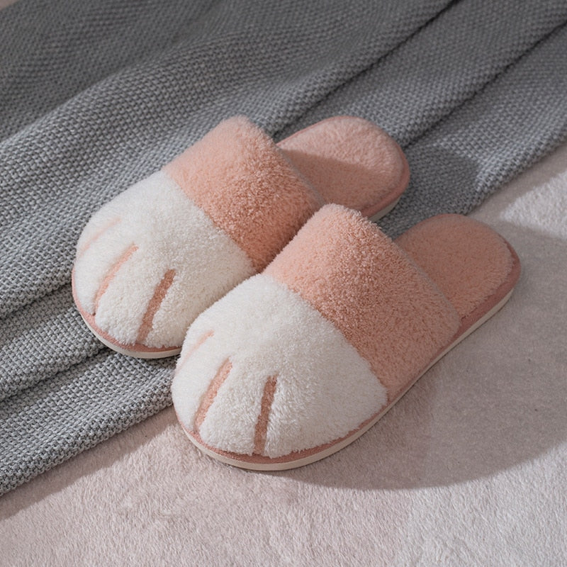 Winter House Warm Fur Slipers For Women Cute Cat paw Designer Bedroom Warm Plush Shoes Non-slip Indoor Women Furry Slippers