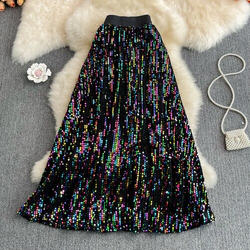 Harajuku Style Sequins Midi Skirt - Elegant A-Line Design