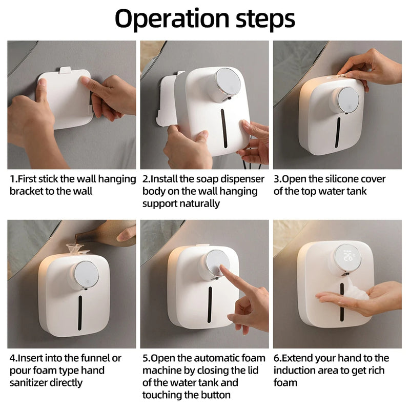 Wall-mounted Automatic Soap Dispenser Multifunctional Infrared Sensor LED Digital Display Touchless Foam USB Rechargeable