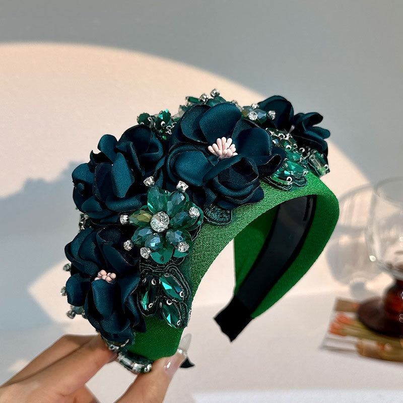Solid color fabric flower oversized wide edged crystal headband