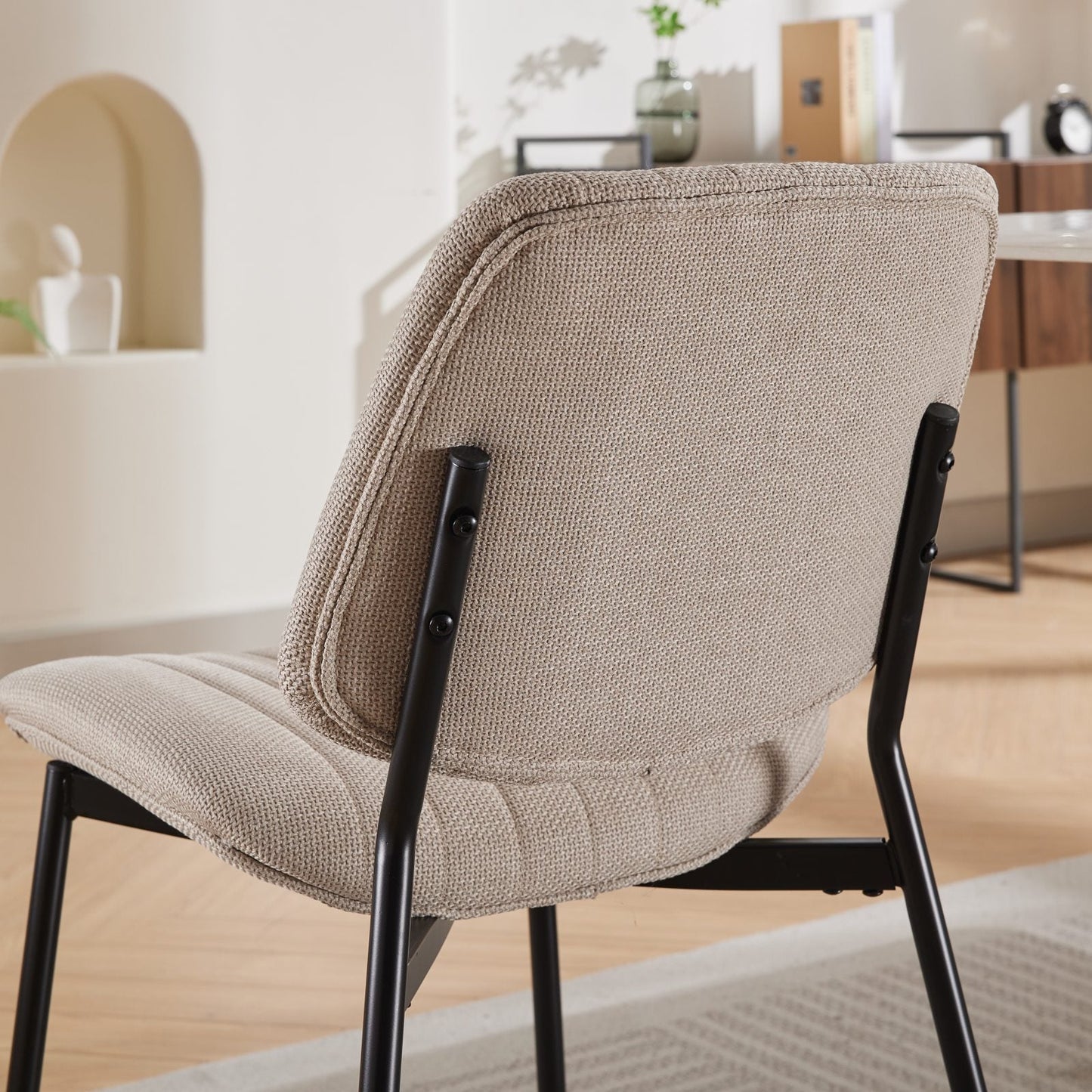 2-piece retro linen chair set with curved wooden backrest, cushioned seat, adjustable metal legs, (Beige Linen)