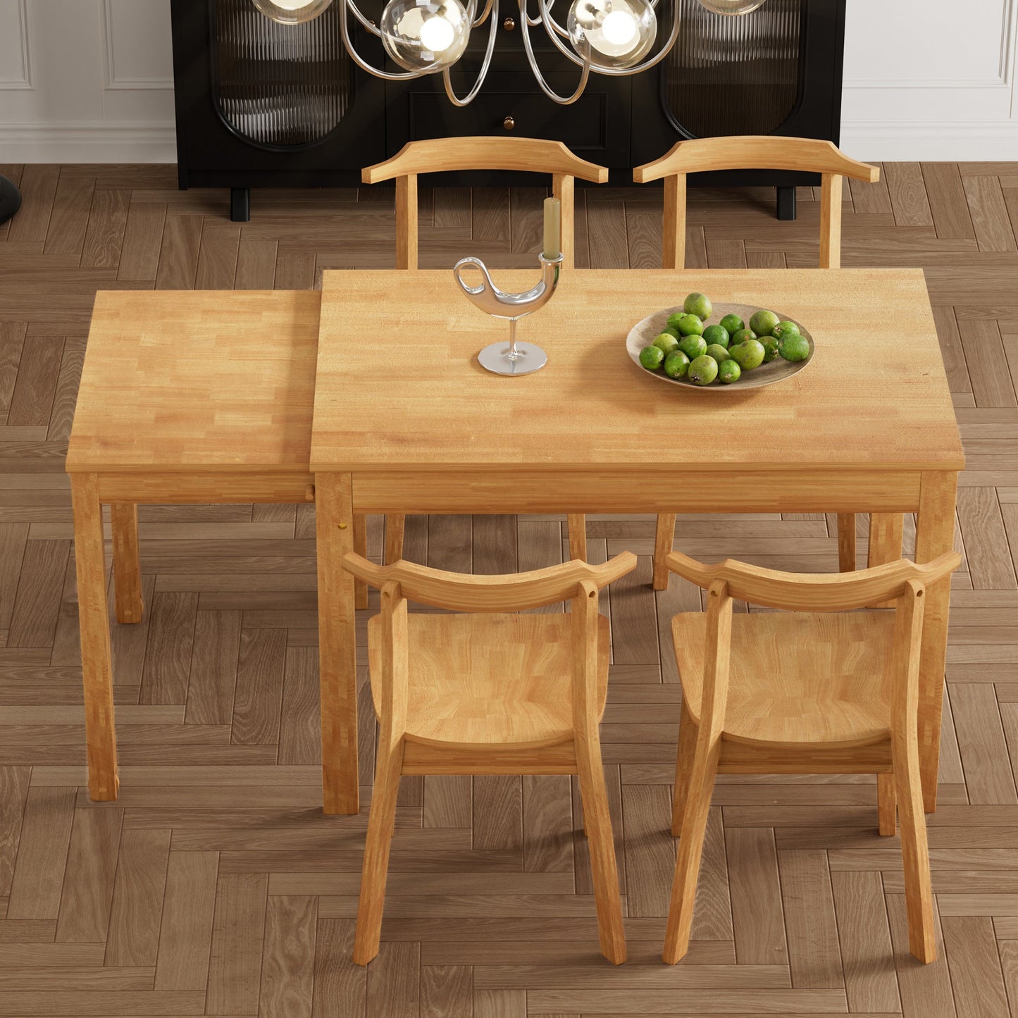 TOPMAX 65 "5-piece set with wheels, expandable dining table set, 17.7" pull-out side table and small dining chairs, natural