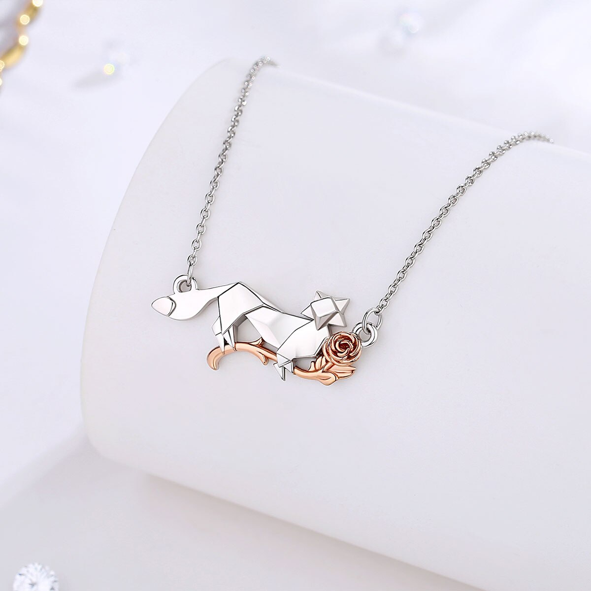 Sterling Silver Fox And Roses Necklace Pendant Animal Fashion Jewelry for Mothers Gift