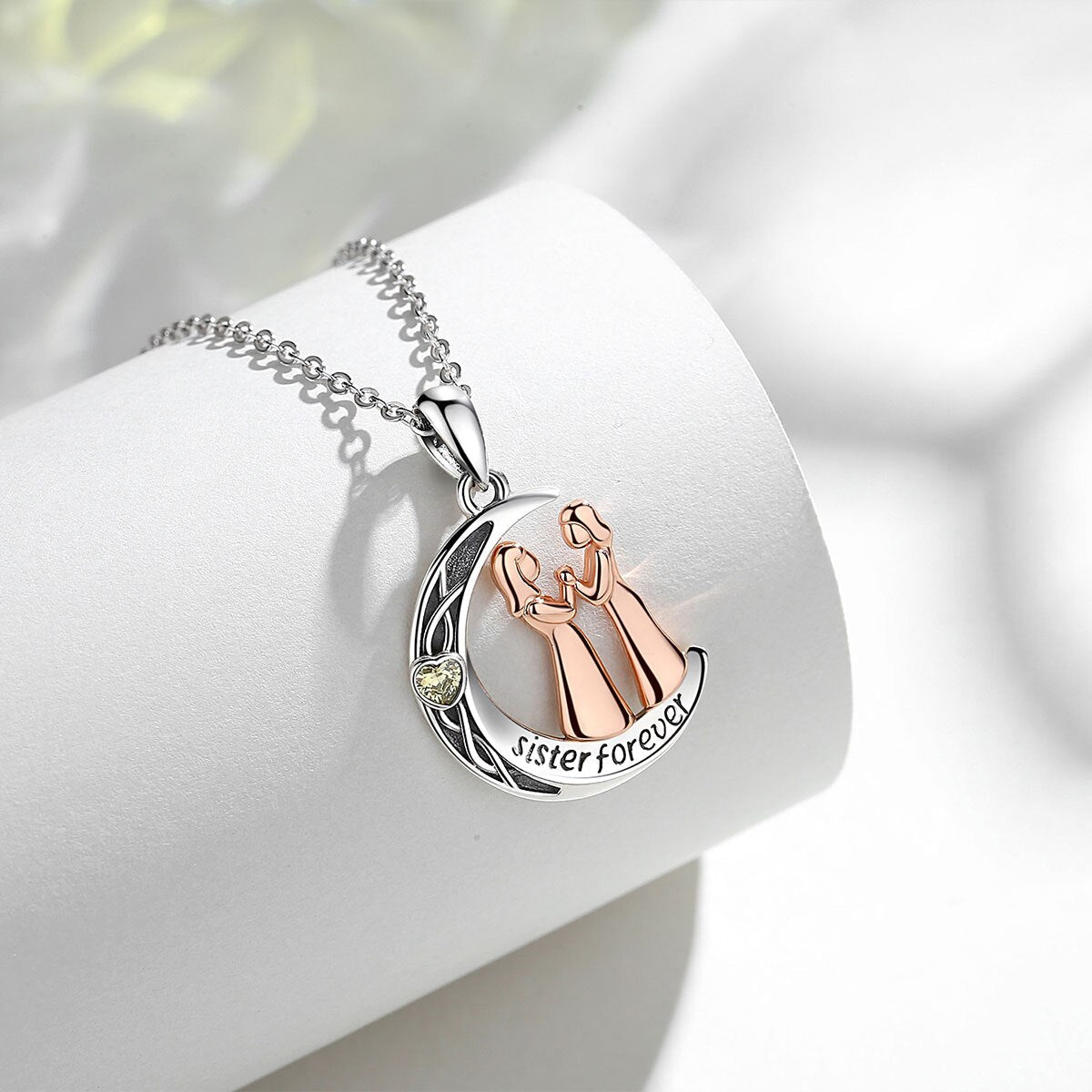 925 Sterling Silver Sister Forever Rose Gold Necklac Moon Style Yellow CZ Pendant Fashion Jewelry for Women Girl