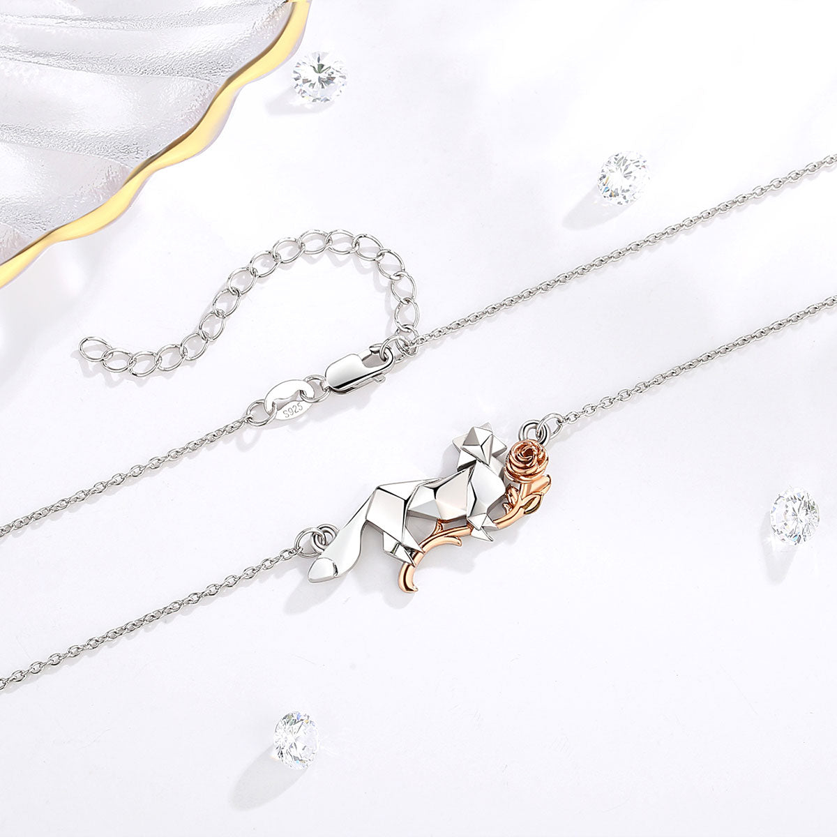 Sterling Silver Fox And Roses Necklace Pendant Animal Fashion Jewelry for Mothers Gift