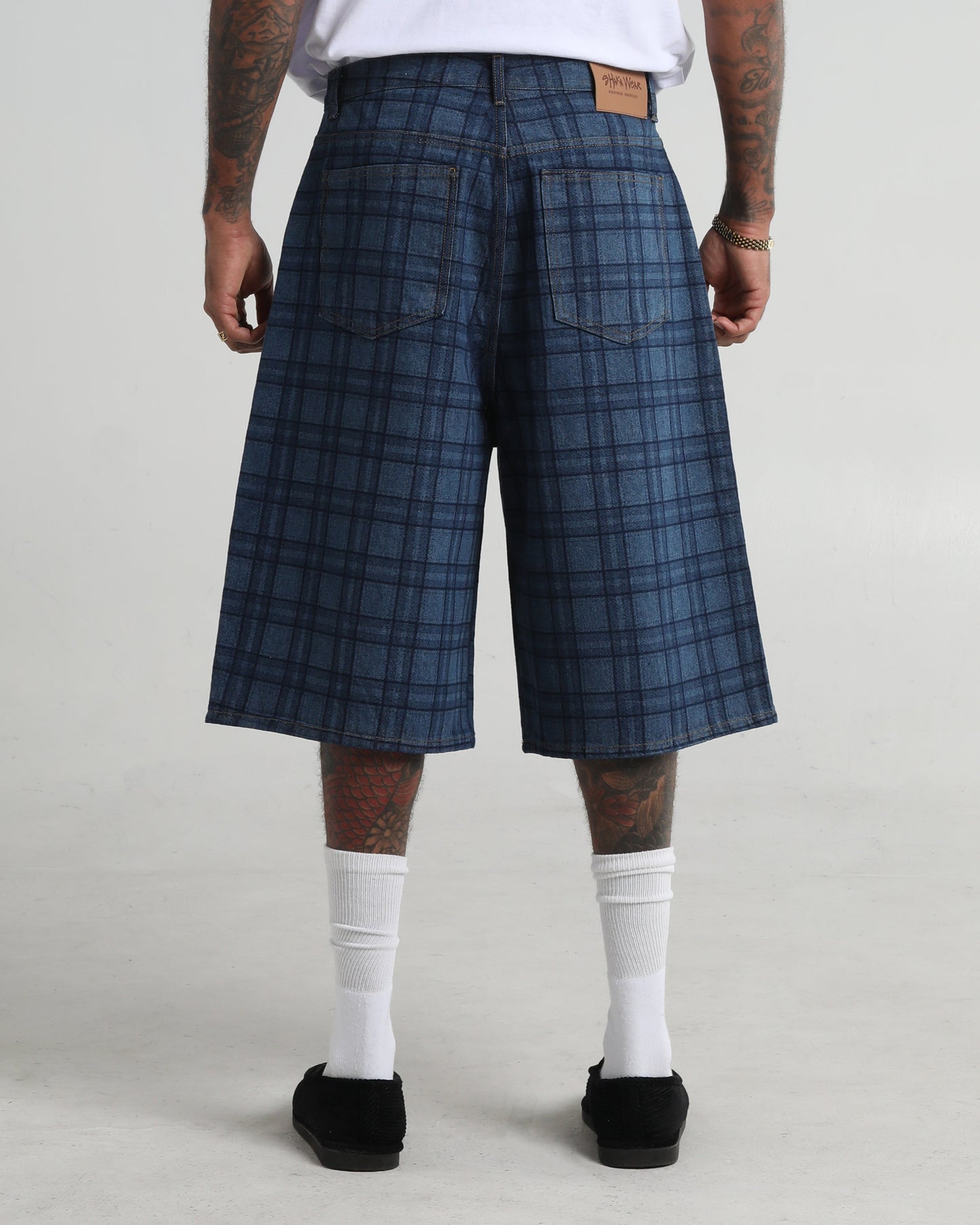 Lasered Plaid Denim Shorts