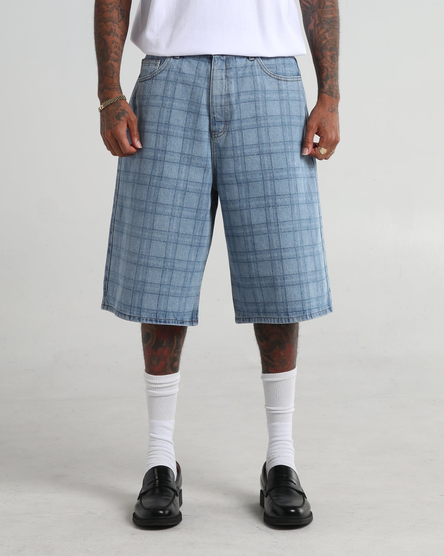 Lasered Plaid Denim Shorts