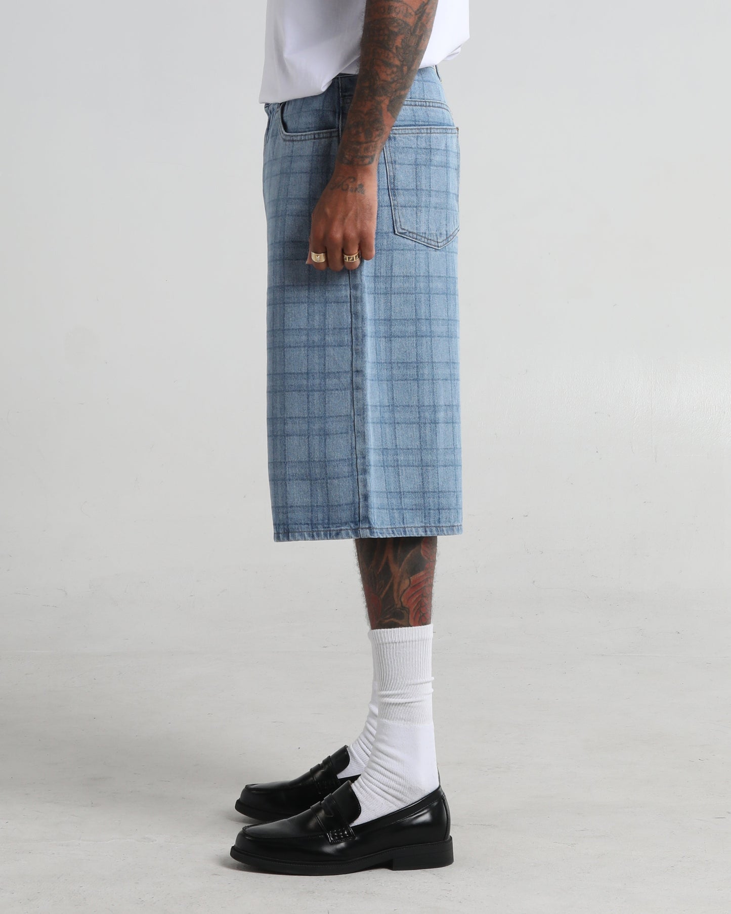 Lasered Plaid Denim Shorts