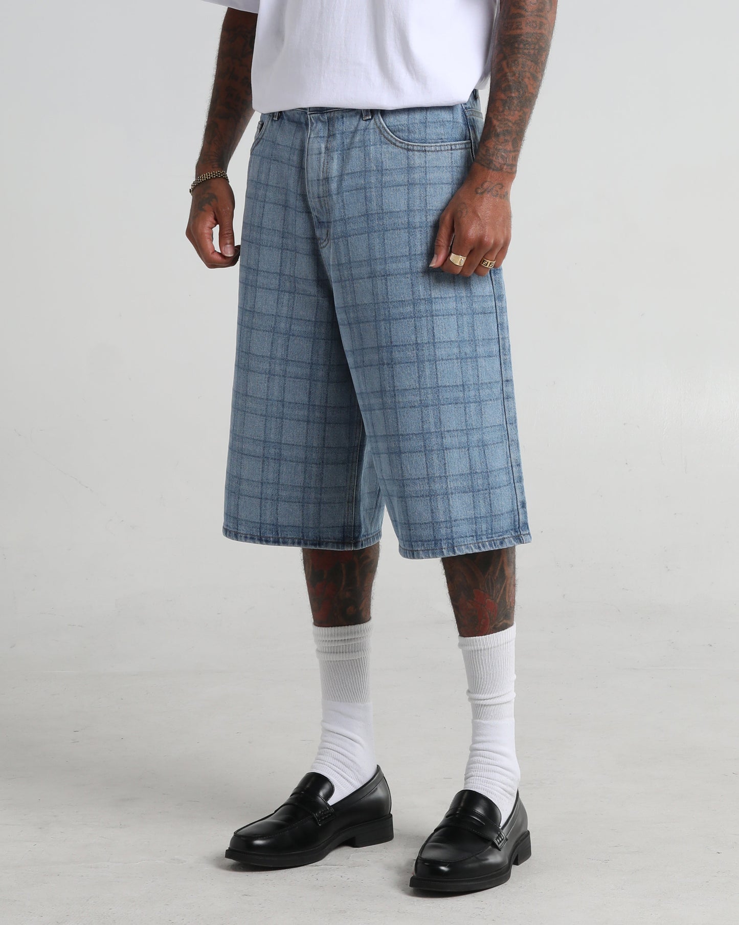 Lasered Plaid Denim Shorts