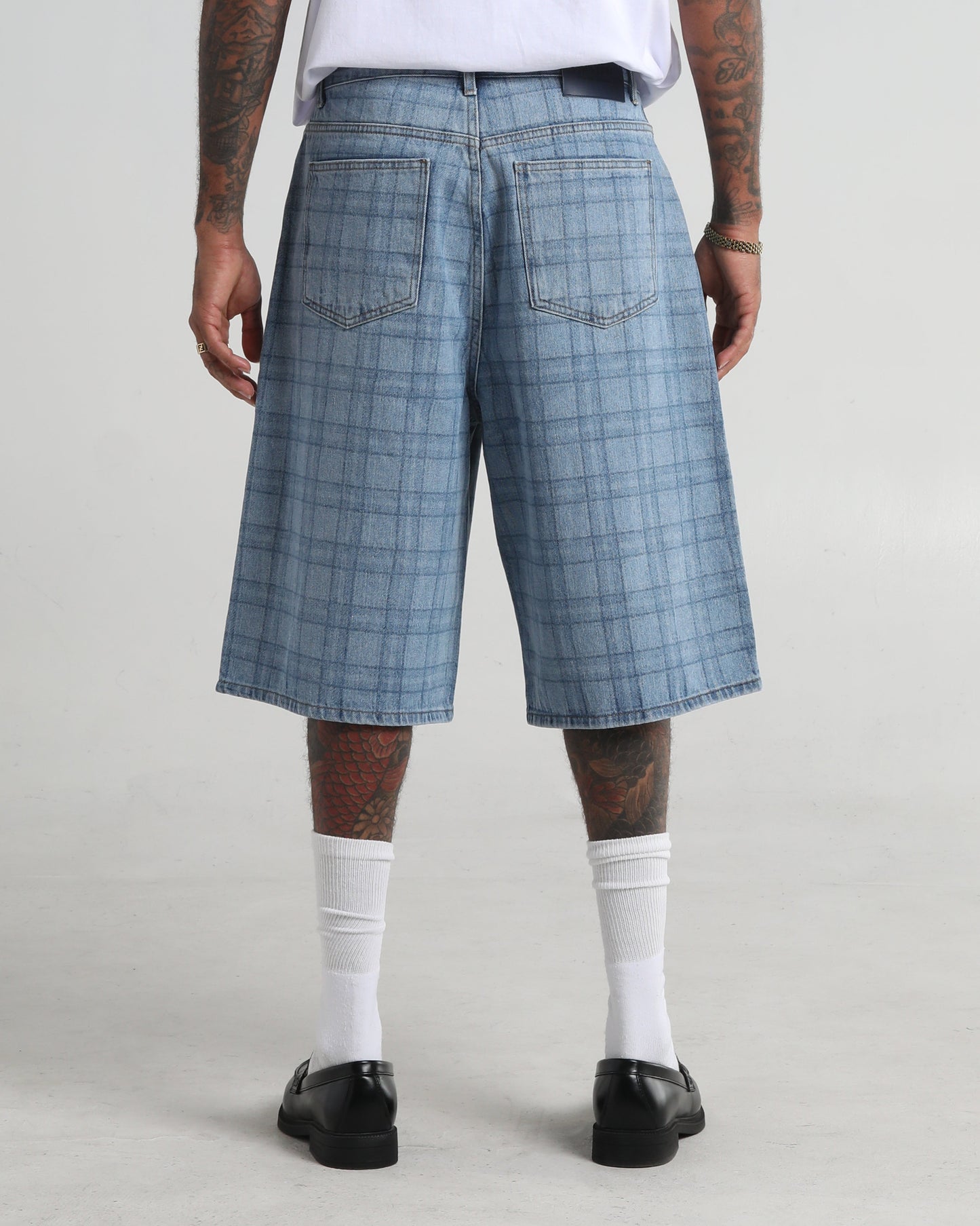 Lasered Plaid Denim Shorts