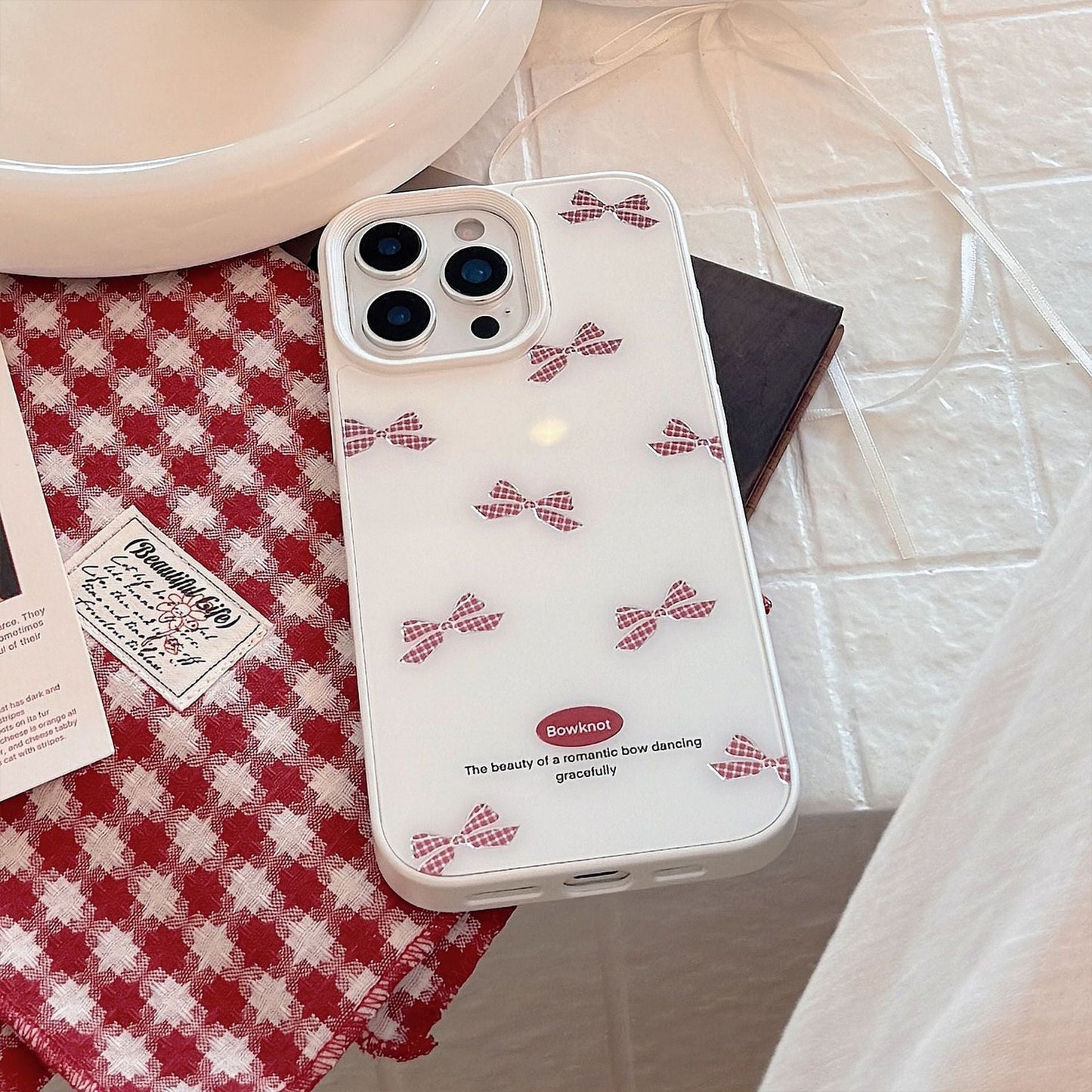 Gilt red plaid bow iPhone17 phone case Apple 14 for 16promax glass hard 13 sweet